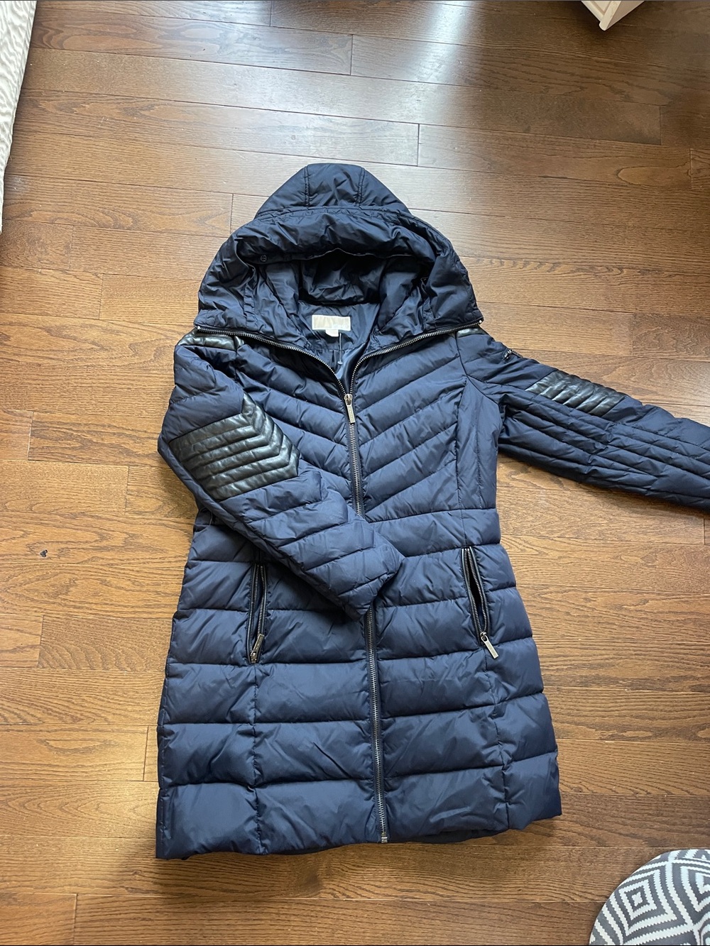 Michael Kors Navy Quilted Hooded Long Puffer Coat,